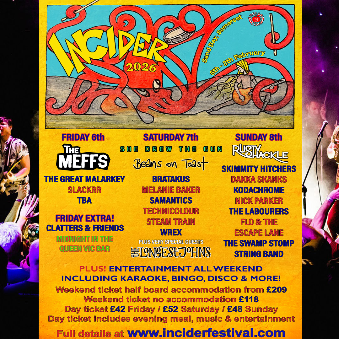 A poster featuring the names of all the bands appearing at the 2026 Incider Festival in Weston-super-Mare